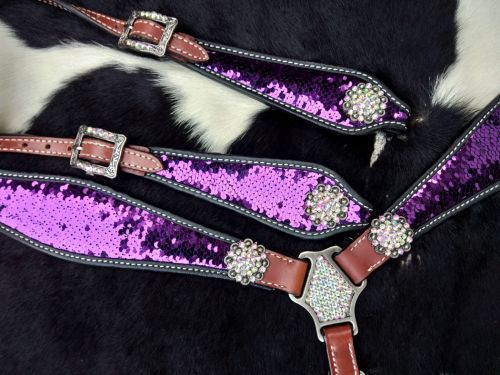 Showman Purple and Silver Sequins Inlay Single Ear Headstall and Breast Collar Set #3